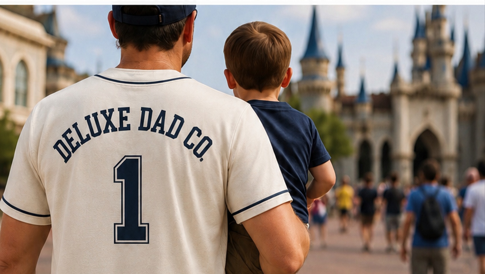 Dad and child walking toward a castle